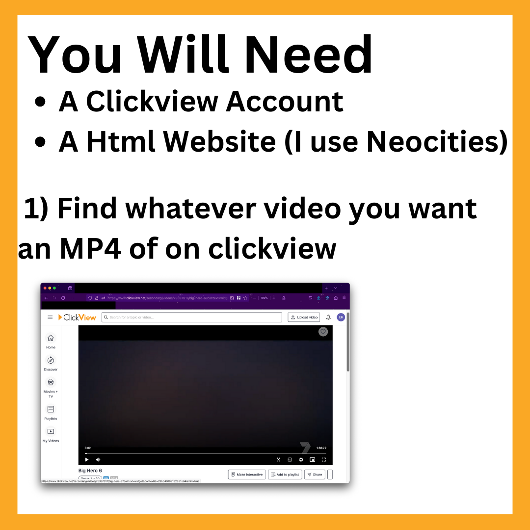 You will need: A clickview Account & A html website. 1) Find whatever video you want an mp4 of on clickview